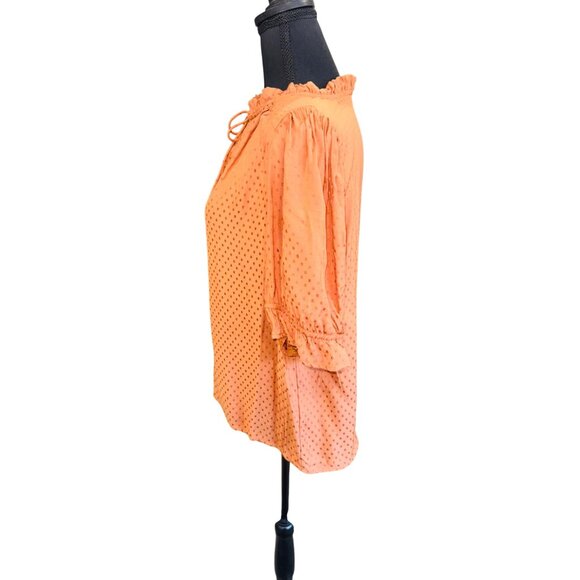 Draper James RSVP Orange Polka Dot Blouse Tie Neck Smocked Sleeves L Office SIre - Picture 7 of 13